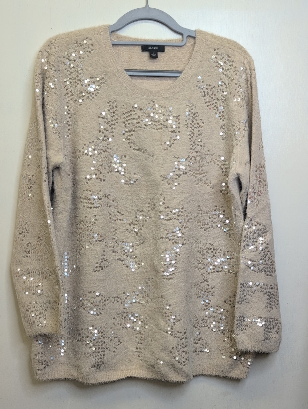 Alfani Beige Sequin Fuzzy Pullover Sweater Large